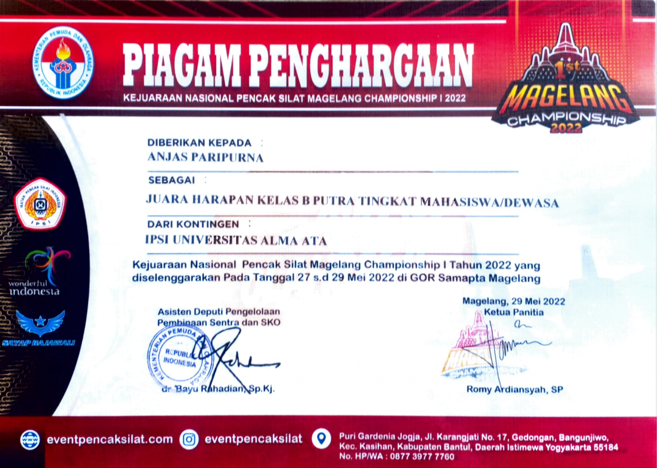 Piagam Penghargaan Kejuaraan Nasional Pencak Silat Magelang Championship I Fakultas