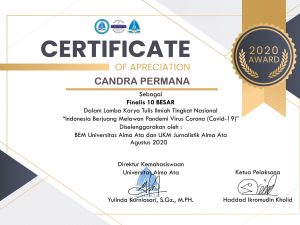 Apresiasi Sebagai Finalis 10 Besar Dalam Lomba KTI “Indonesia Berjuang Melawan Pandemi Virus Corona (Covid-19)”